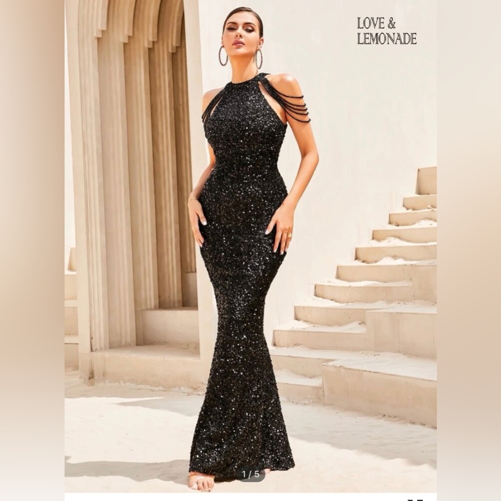 Evening / prom Rhinestone Chain Sleeve Halter Sequin Formal Gown